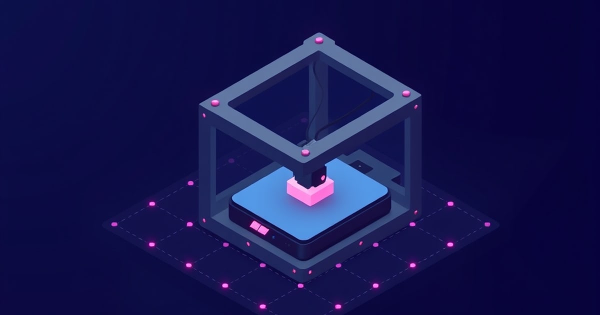 A dark isometric resin 3D printer with a glowing blue build platform, pink resin cube emerging beneath the print head, set on a grid marked with pink nodes.