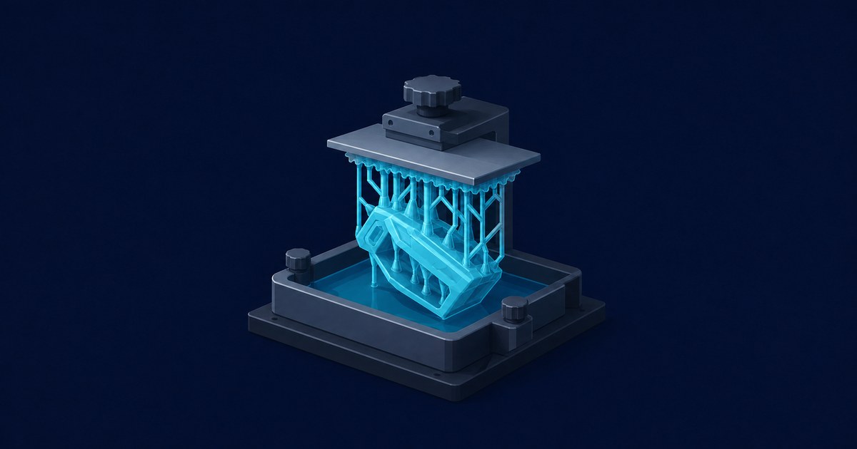 A glowing cyan resin part hangs at an angle from a build plate on dense supports above a printer vat in a dark 3D render.
