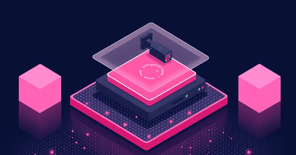 Flat isometric illustration of a dark resin printer, its glowing pink build platform marked with a dial, under a raised translucent lid on a dotted pad.