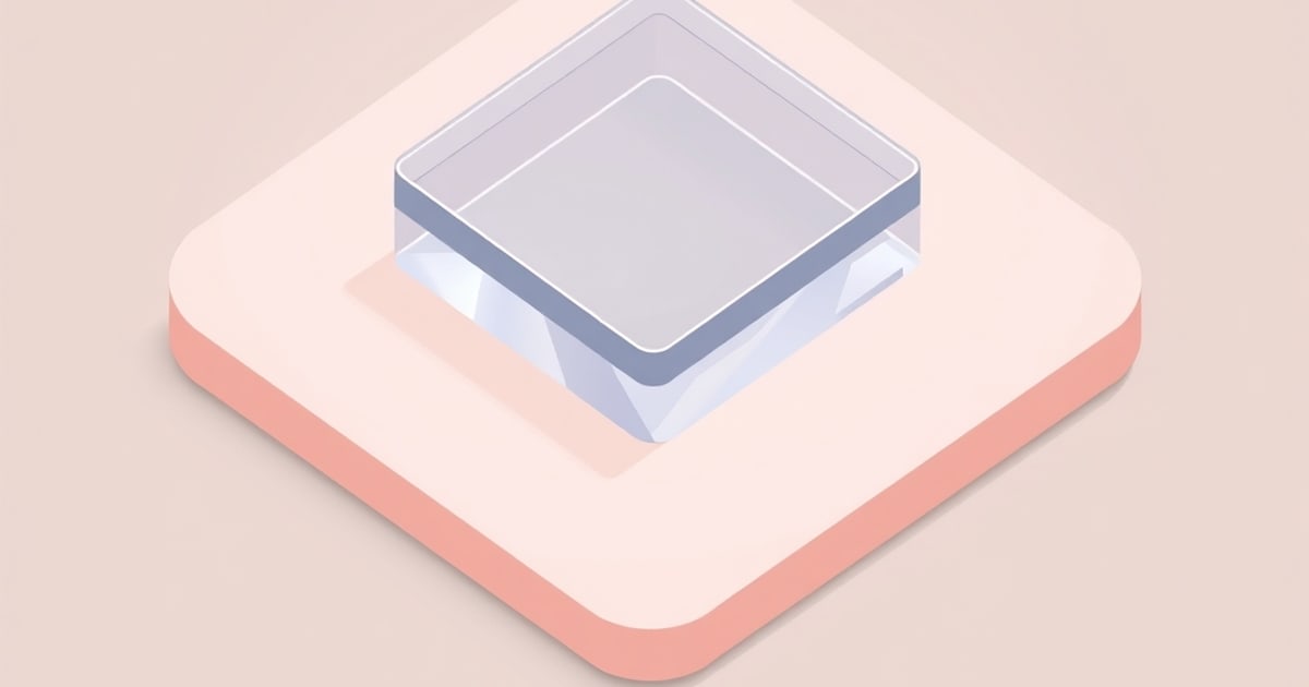 Flat isometric drawing of a clear, glossy square resin print with a lavender rim sitting on a rounded peach platform against a soft beige background