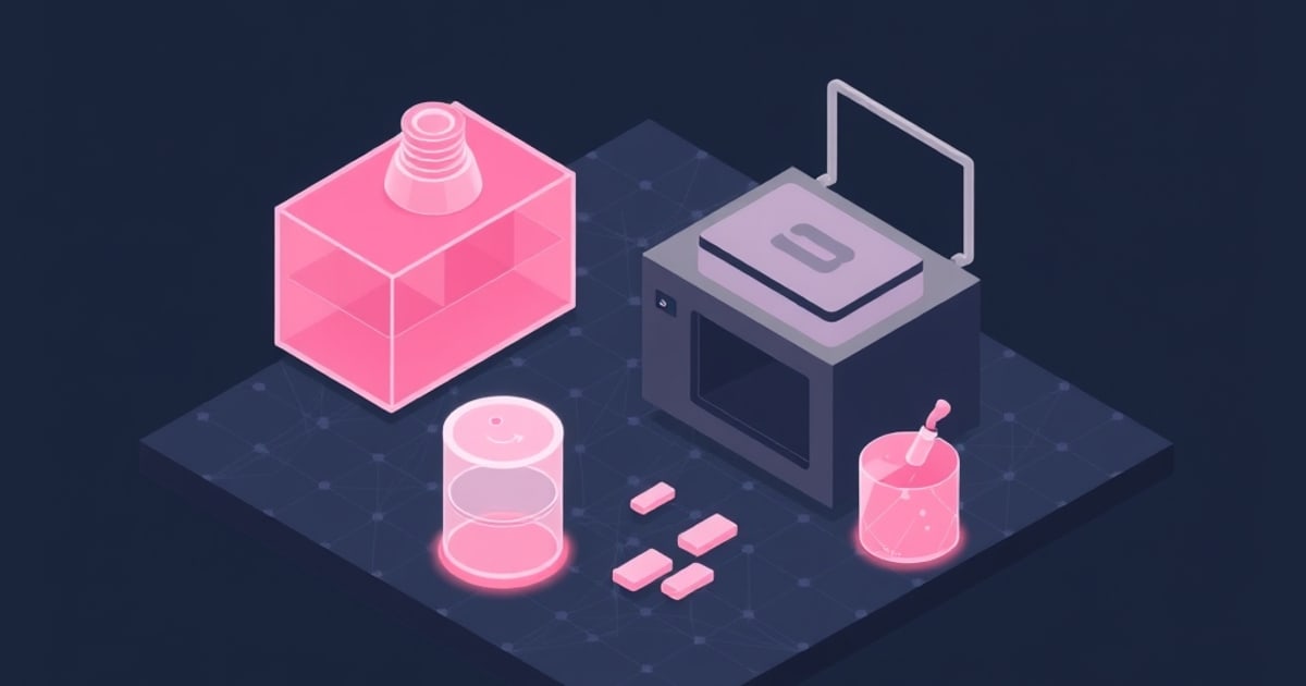 A pink resin bottle, curing jar, cured resin blocks, and a beaker with dropper sit beside a dark 3D resin printer on an isometric dark blue platform.