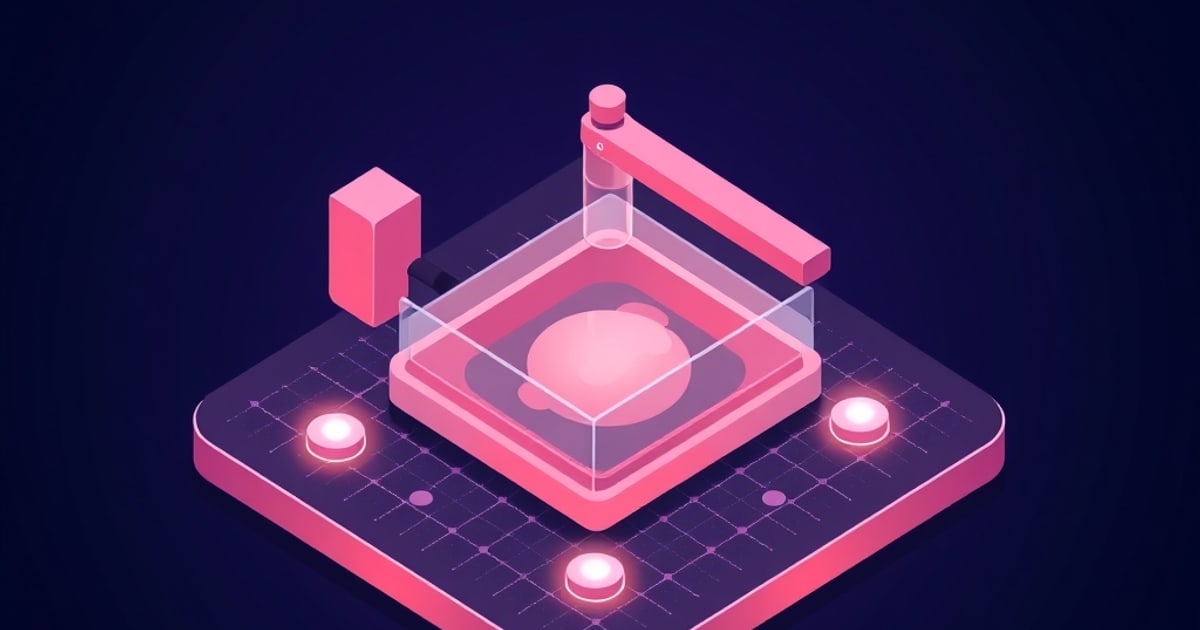 A resin 3D printer's build platform lifts a glossy pink cured print from a glowing vat above an isometric circuit-patterned base with pink accent lights.