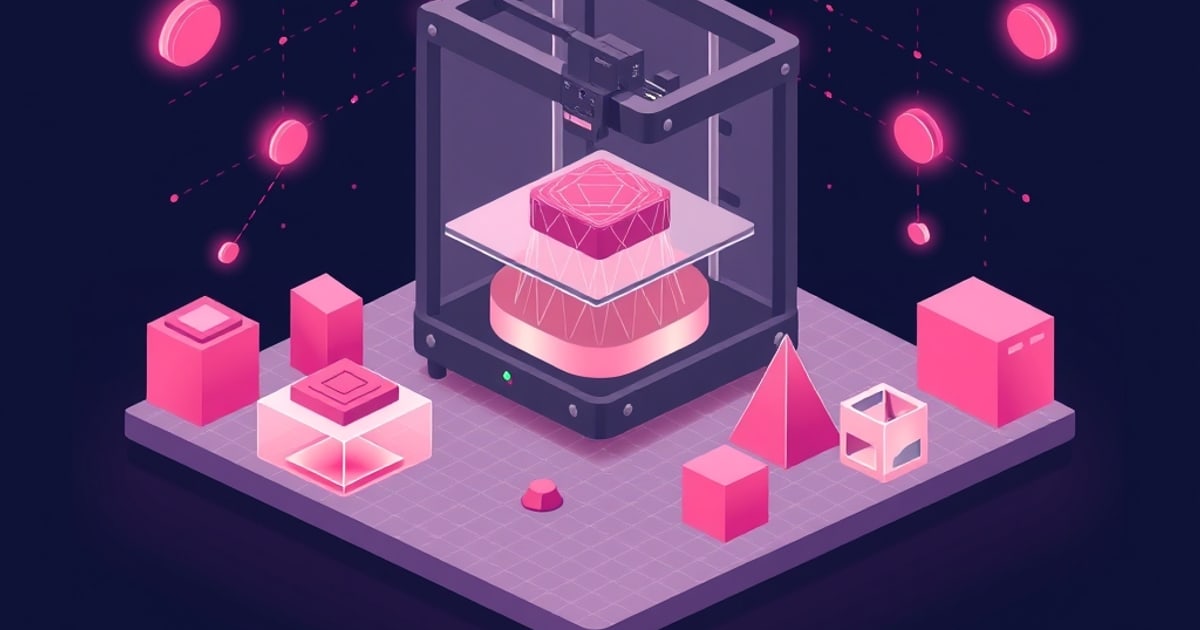 Flat isometric illustration of an enclosed pink resin printer lifting a cured part from its vat, with finished geometric prints set around the base.