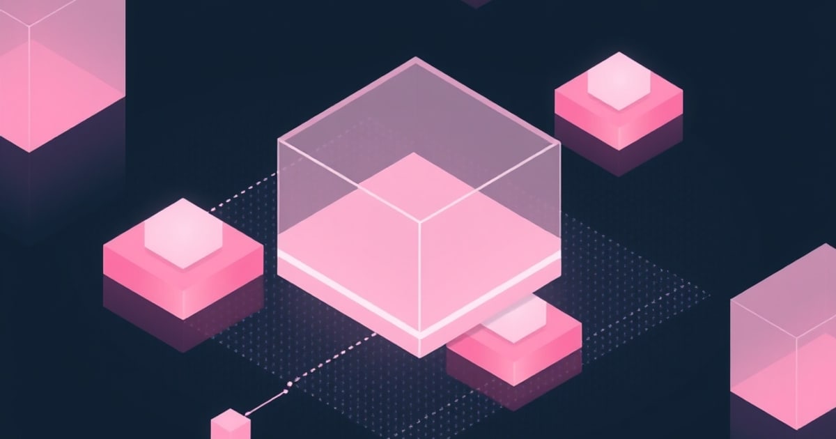 A translucent isometric cube with a pink resin layer sitting inside it, floating apart from a matching split block nearby, over a dark grid platform.