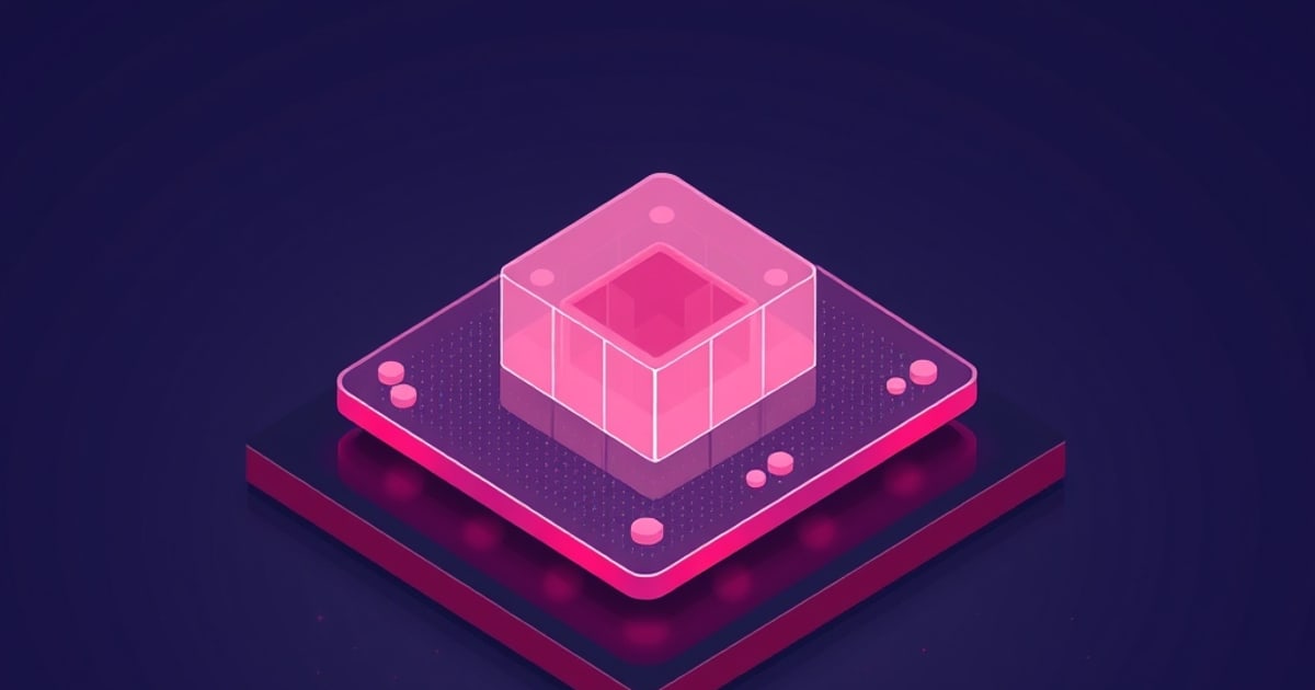 Flat isometric illustration of a glowing pink translucent tank holding a cube, sitting on a magenta-edged plate over a darker base.