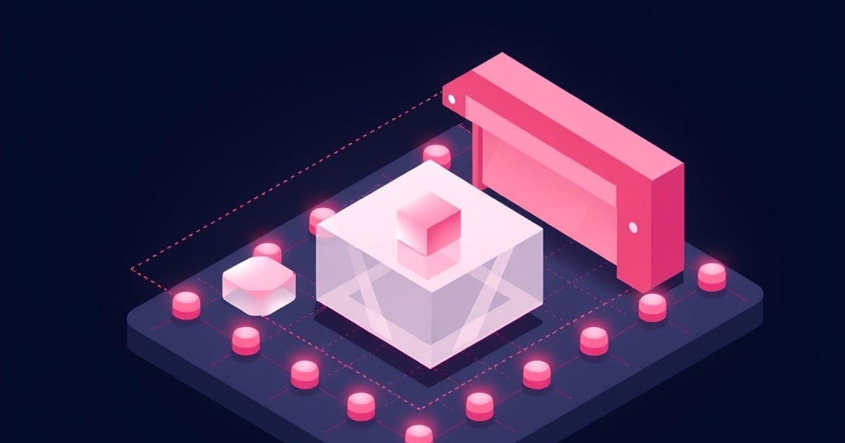 Flat isometric illustration of a frosted glass cube containing a small pink block, beside a tall red panel, ringed by pink pucks on a dark grid pad.