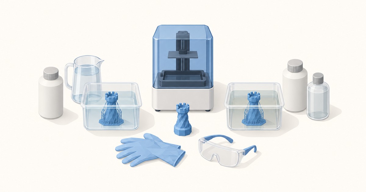 Resin 3D printer flanked by two clear tubs washing blue rook prints, one in water and one in alcohol, with resin bottles, a jug, gloves and safety goggles