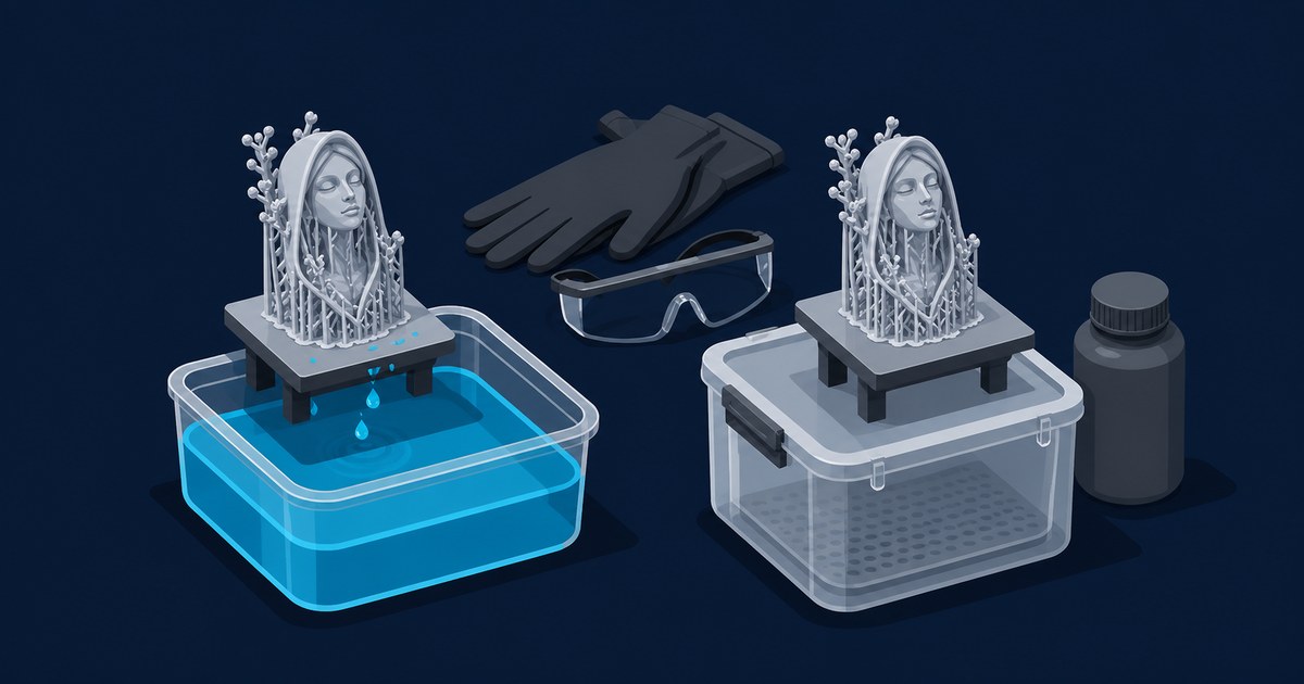 Two identical resin-printed figurine busts with support structures sit on build plates above bins, one dripping into blue liquid, beside gloves, safety glasses, and a solvent bottle.